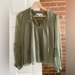 Loft Clip Pleated Sleeve Ruffle Trim Tie Neck Blouse